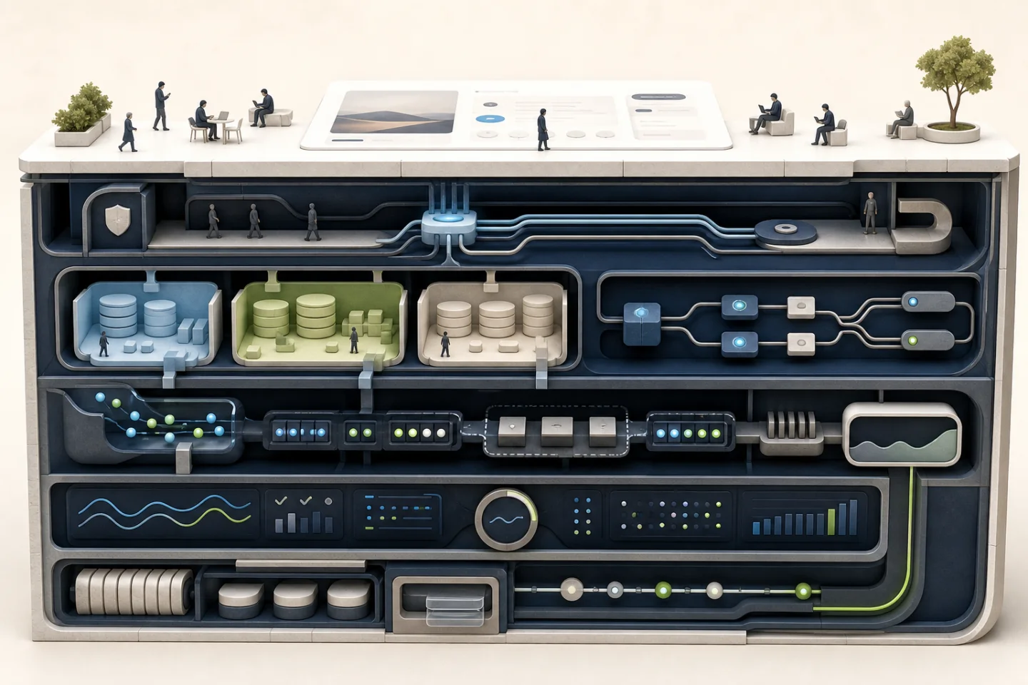 A cutaway illustration showing real users above the hidden security, separated data, integrations, monitoring, backup, and recovery layers of an application