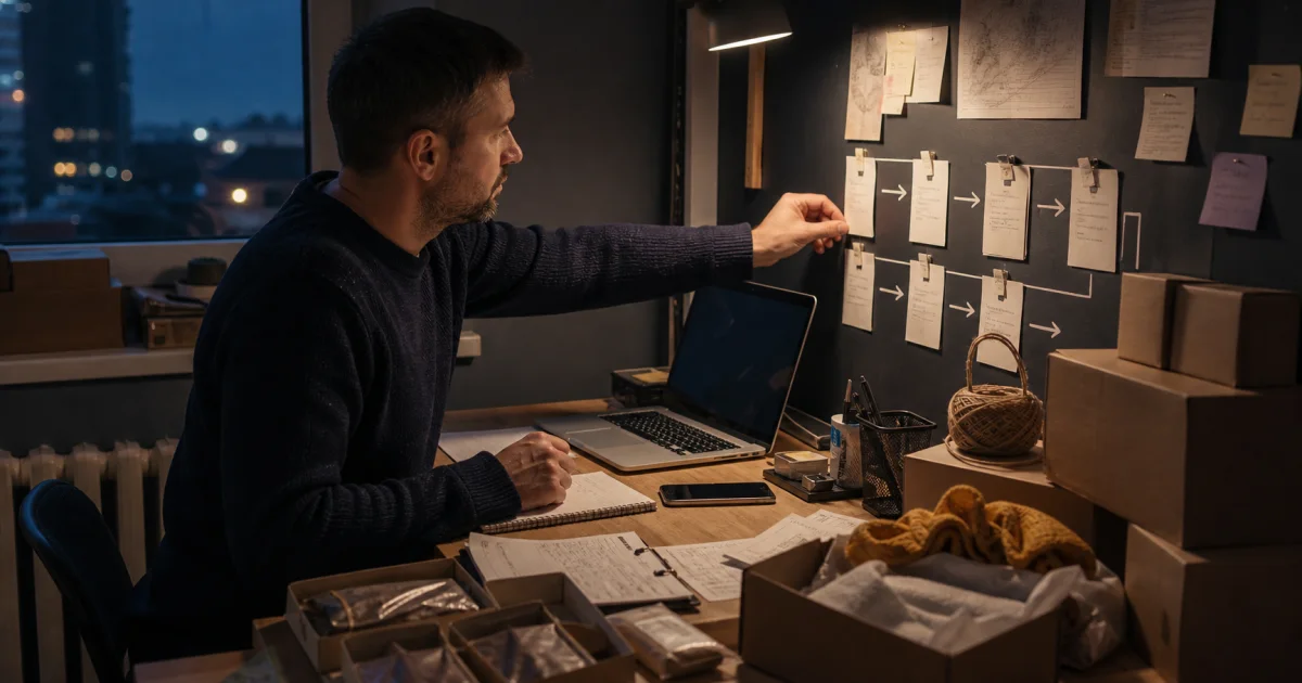 A small online business owner mapping the real workflow between customer messages, orders, and fulfillment
